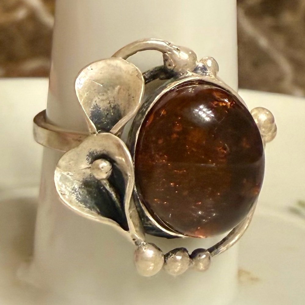 Artisan Sterling Silver Amber Statement Ring - Brown Amber